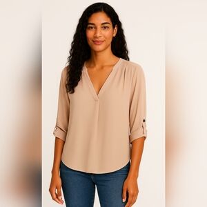 LUSH Curved Hem Roll Tab Sleeve Top, Size S